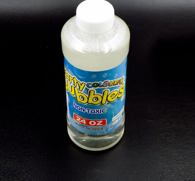 750ml bubble gun liquid refill in a clear plastic bottle with a blue cap