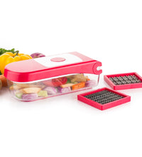 Ganesh plastic chopper, red, for vegetables and fruits, shown from various angles.