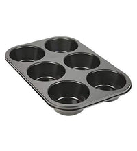 Reliable muffin cup tray with non-stick surface, 6 slots.