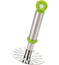 Ganesh potato masher, oval design, silver and plastic with plastic handle.