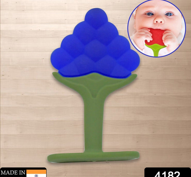 Silicone teether toy with vibrant colors, designed to soothe baby’s gums.