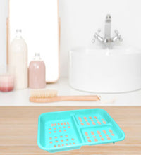 Soap case with three sections, keeps soap bars and accessories organized.