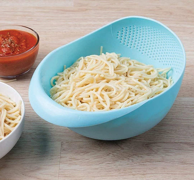 Large plastic rice bowl strainer, ideal for washing and storing grains.