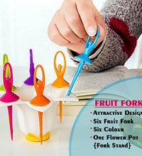 Set of 6 fruit forks with a doll-themed stand