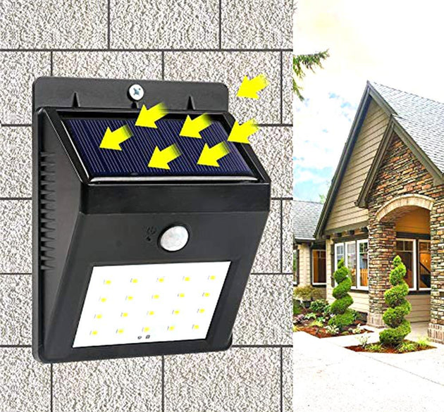 Black solar security LED light for outdoor use.