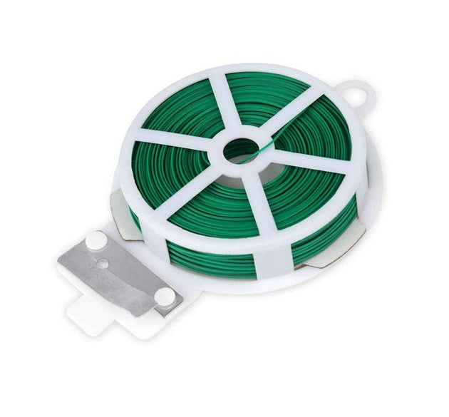 Plastic twist tie wire spool with cutter for garden use.