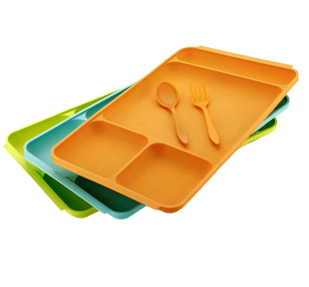 Divided plastic food plate with spoon and fork for pav bhaji