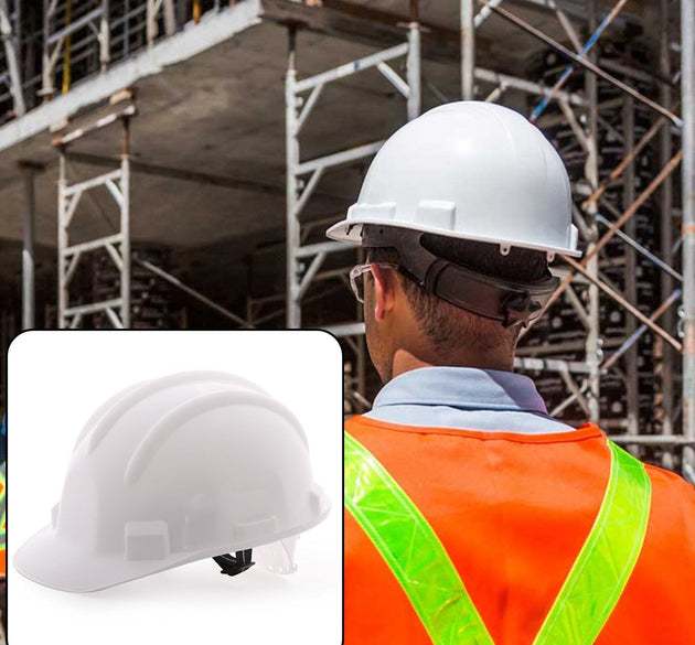 Construction safety helmet designed for protection against impacts, showing its durable build and design