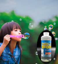 Bubble gun liquid refill bottle with label and a blue cap