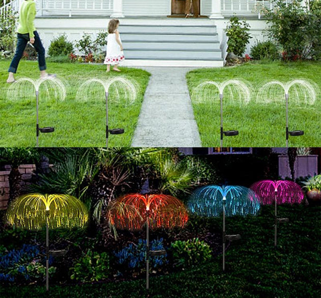 2pcs Garden Solar Outdoor Lights Decorative , 7 Colors Changing RGB Light Waterproof Flower Jellyfish Firework Decor for Garden Patio Landscape Pathway Yard Holiday Decor