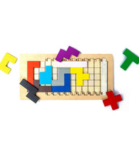 Detailed view of wooden mind game showing its design and game pieces.