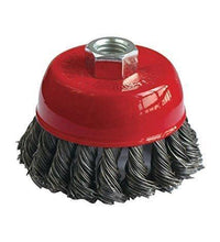 Black wire wheel brush for cleaning metal surfaces.