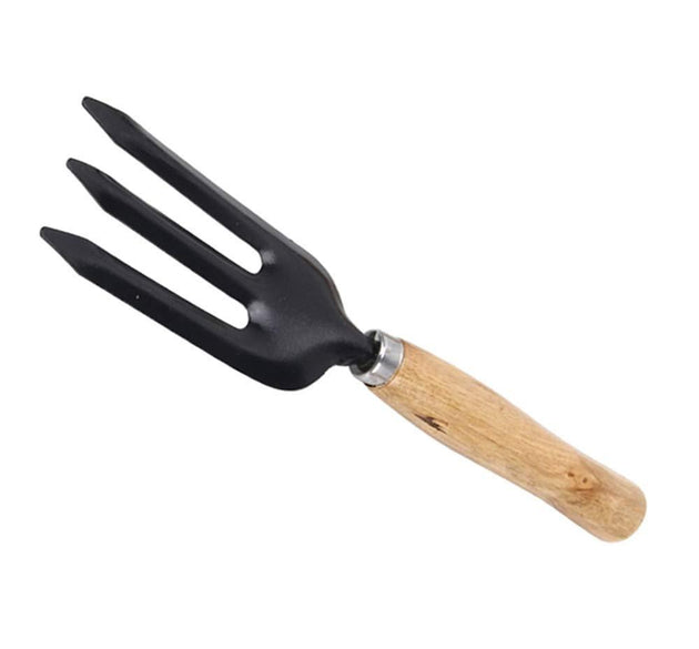 Steel hand weeding fork, black handle.