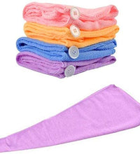 Soft microfiber hair-drying towel, turban style for quick drying.