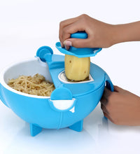 Vegetable cutter with rotating drain basket and slicer options.