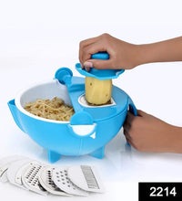 Vegetable cutter with rotating basket and multiple blade options.