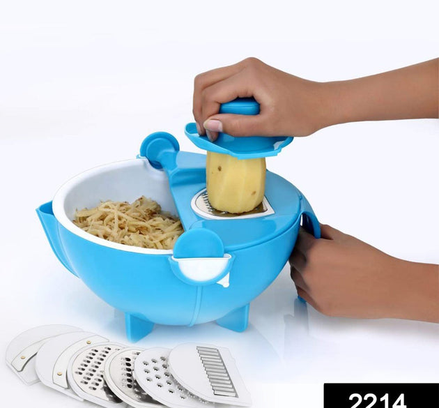 Multi-functional vegetable cutter and shredder with drain basket.