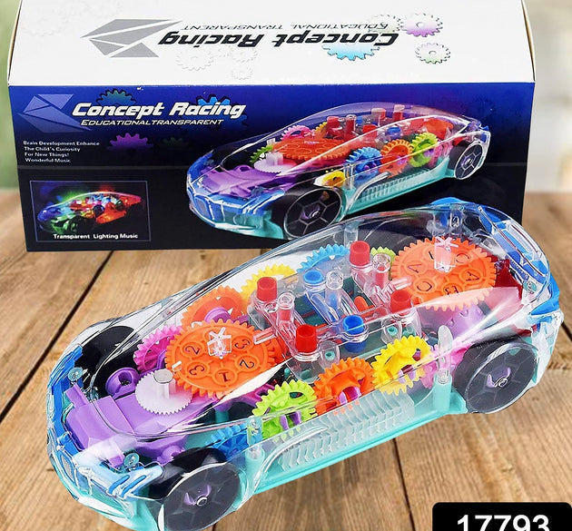 Automatic 360 Degree Rotating Transparent Gear Concept Car with Musical and 3D Flashing Lights Toy for Kids Boys & Girls (Multicolor / Battery Not Included)