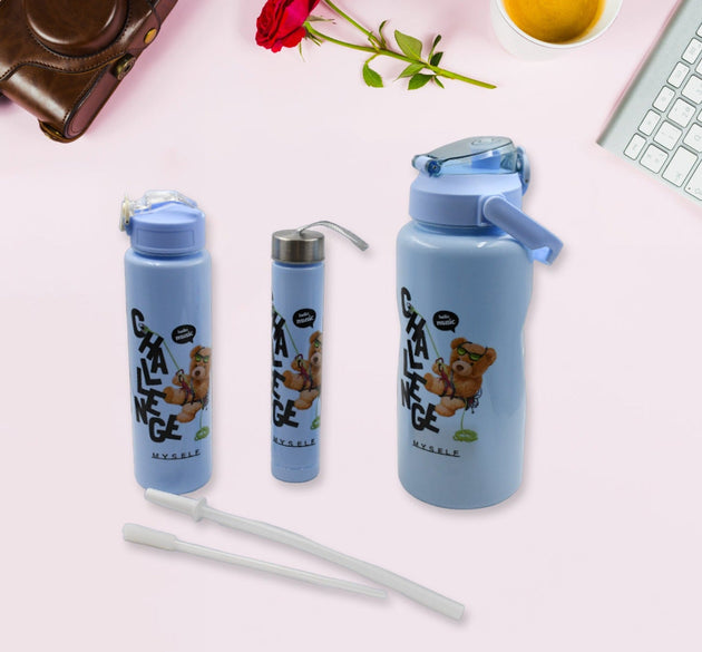 Plastic Water Bottle 3pc Set,3  Different Size Bottle High Quality Water Bottle Plastic Water Bottle BPA-Free & Leak-Proof!  Cartoon Printed Design for Kids' School, For Fridge, Office, Sports, School, Gym, Yoga (3 Pc Set)