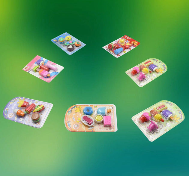 Colorful and stylish erasers set for children, mixed designs.