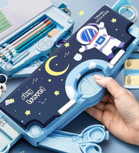 Space-themed pencil box for kids with magnetic closure