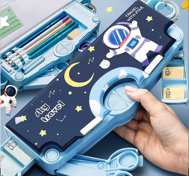 Space-themed pencil box for kids with magnetic closure