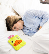 Hot water bag with a cute yellow duck cover for pain relief and warming