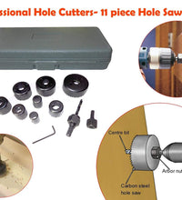 Wood cutting set with 11 hole saws in various sizes