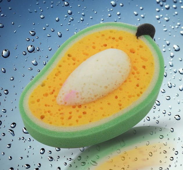 Soft mango-shaped dish sponge for kitchen and bath use