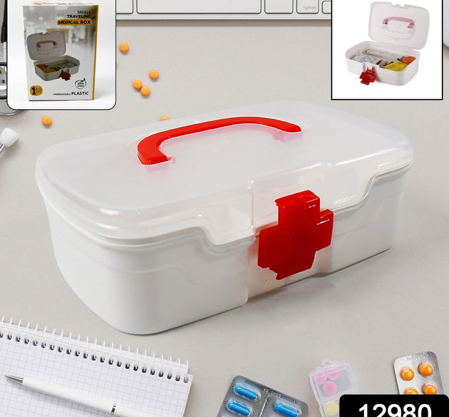 3 Compartment Medical Box, 1 Piece, Indoor Outdoor Medical Utility, Medicine Storage Box, Detachable Tray Medical Box Multi Purpose Regular Medicine, First Aid Box with Handle, Transparent Lid & Color Box 