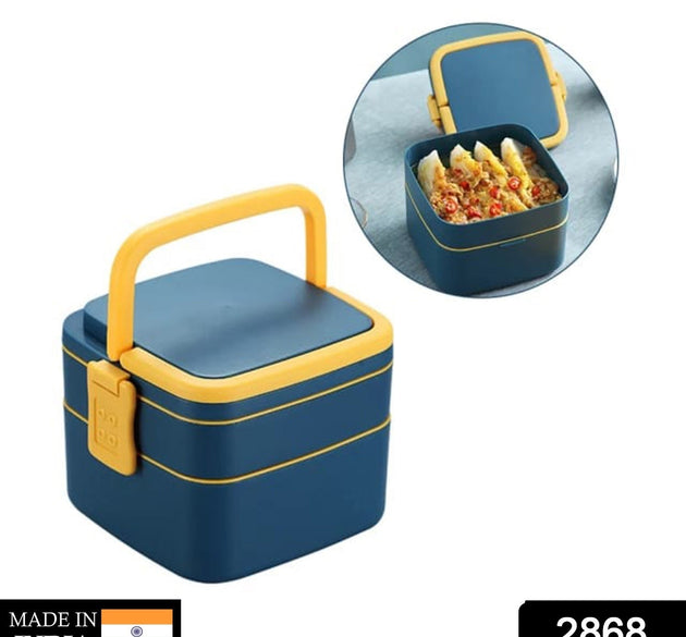 Blue double-layer lunch box with handle and spoon