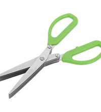 Multi-blade stainless steel herb scissors, angled view