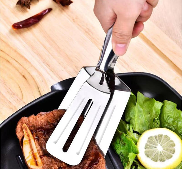 Multifunction cooking serving turner, stainless steel BBQ kitchen tongs