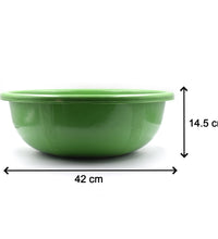 Spacious plastic bath tub for water storage and bathing.