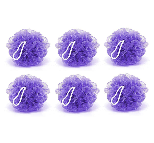 Pack of 6 bath loofah sponges for body scrubbing, soft and effective.