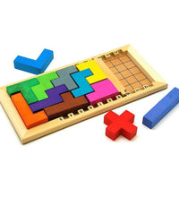 Wooden mind game with various pieces and layout for educational entertainment.