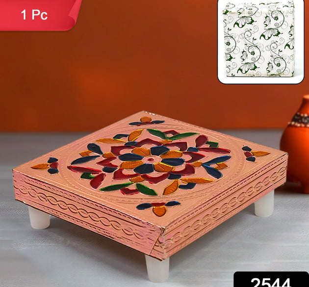 1 Pc Meenakari Wooden Chowki & Bajot Set: For Home & Office Puja (Multicolor)