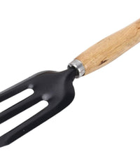 Steel hand weeding fork with black handle.