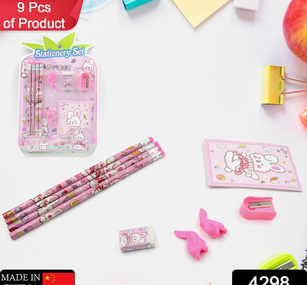 Kids' stationery kit with wooden pencils and sharpener.