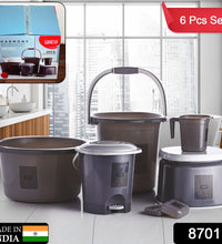 6-piece plastic bathroom accessories set with bucket, dustbin, mug, stool, soap case, and tub, different views.