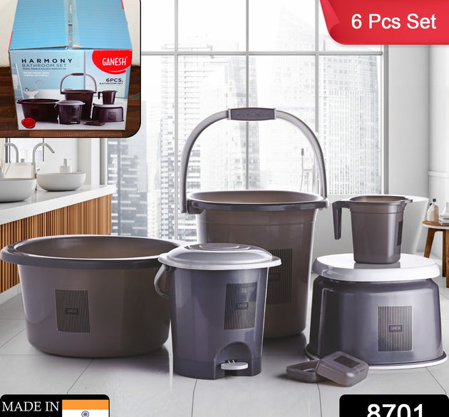 Plastic bathroom accessories set including bucket, dustbin, mug, stool, soap case, and tub, various angles.