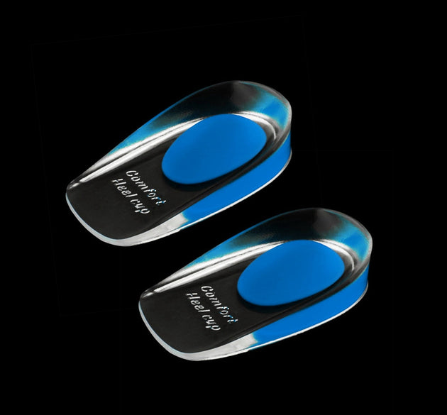 Gel heel cups for cushioning and relieving heel pain.