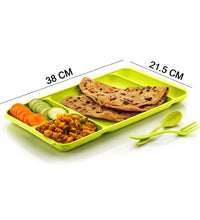 Plastic dinner plate with 4 compartments, spoon, and fork included