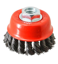 Black wire wheel cup brush for heavy-duty cleaning.