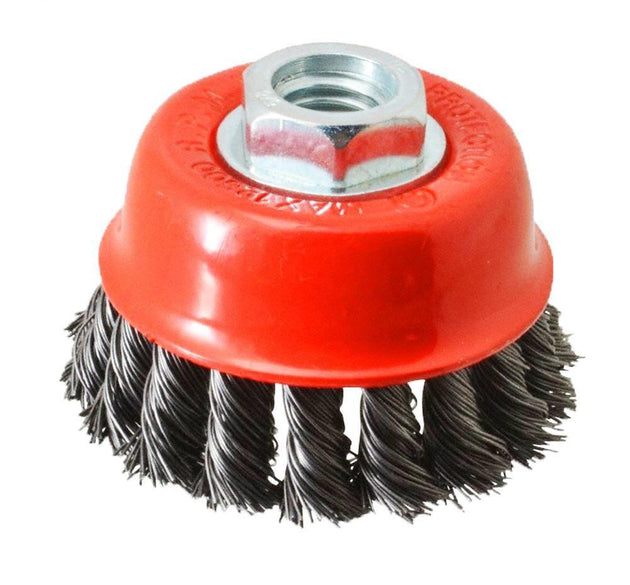 Black wire wheel cup brush for heavy-duty cleaning.