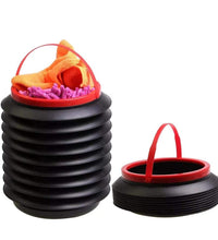 Side view of foldable storage bucket highlighting its use as a water container and dustbin.