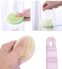 Bath brush with extended handle, 2-in-1 design for convenience.