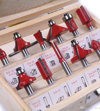 Complete set of milling cutter router bits, showing multiple bit types for different uses.