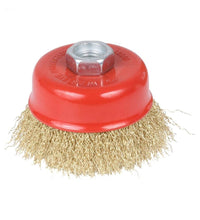 Gold wire wheel cup brush for heavy cleaning.