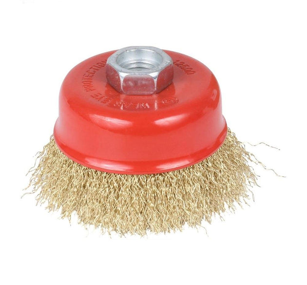 Gold wire wheel cup brush for heavy cleaning.